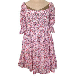 Olive and Leaf Large Floral Smocked Puff Sleeve Tiered Dress Pink Purple New